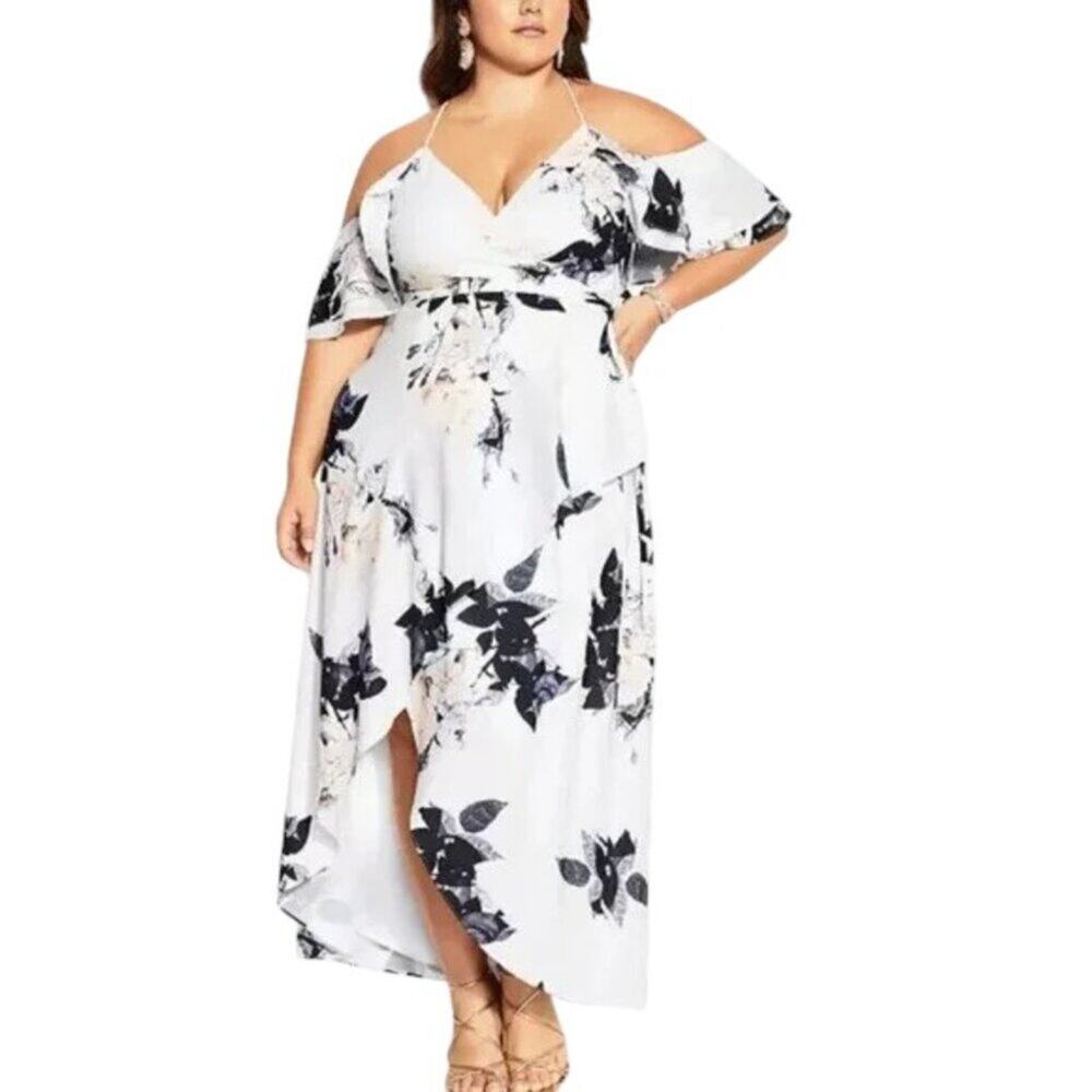 NWT CITY CHIC Delicate Ruffle Maxi Wrap Dress in Creamy White Floral  SZ 18